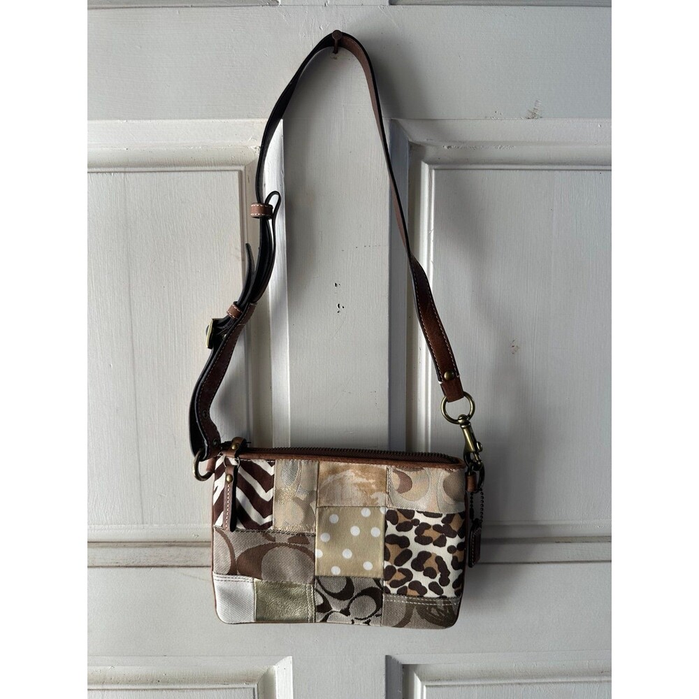 Vintage Coach Y2K Brown Patchwork Leopard One Shoulder Mini Purse Baguette - Picture 2 of 5